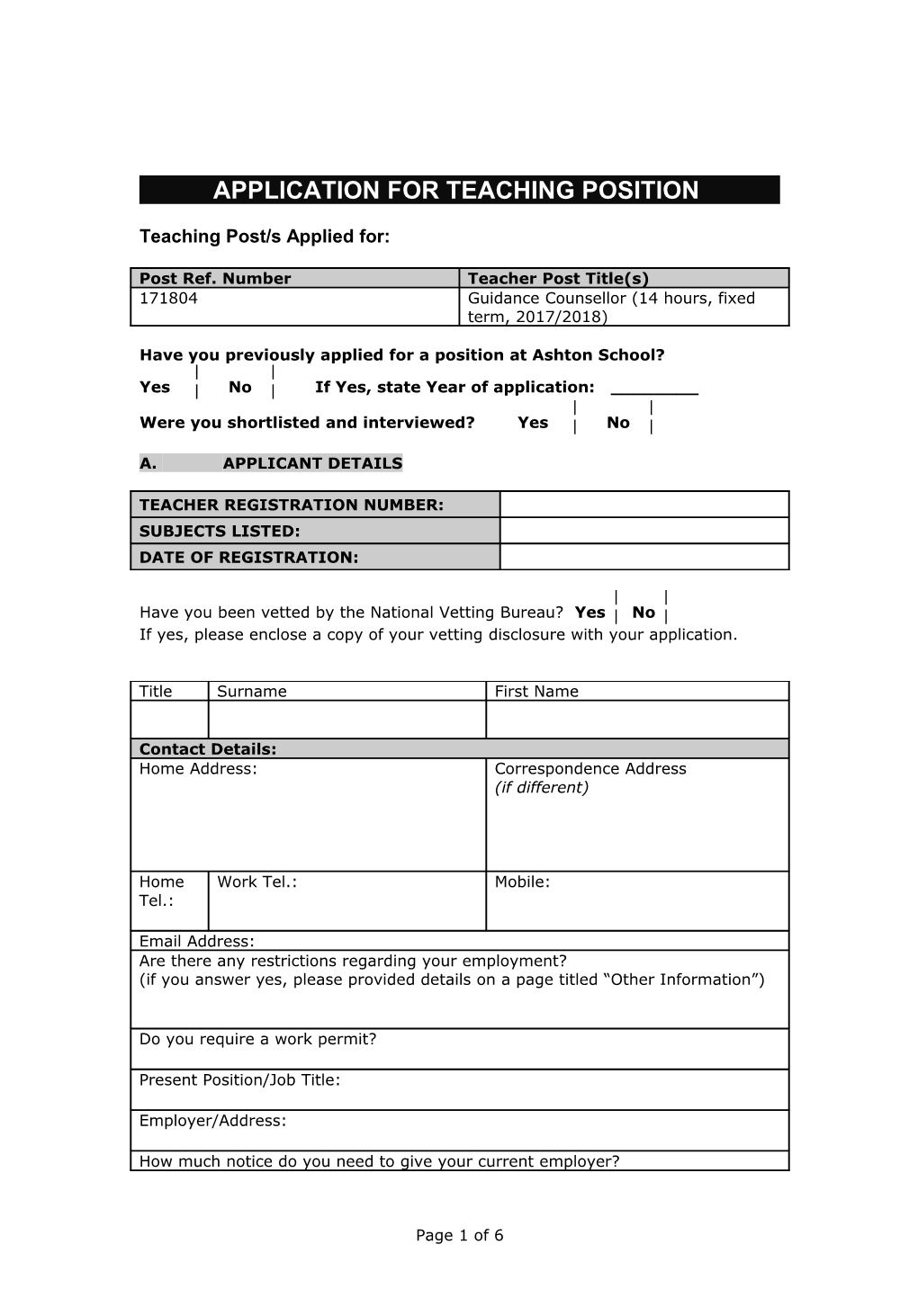 Application for Teaching Position 2008/09