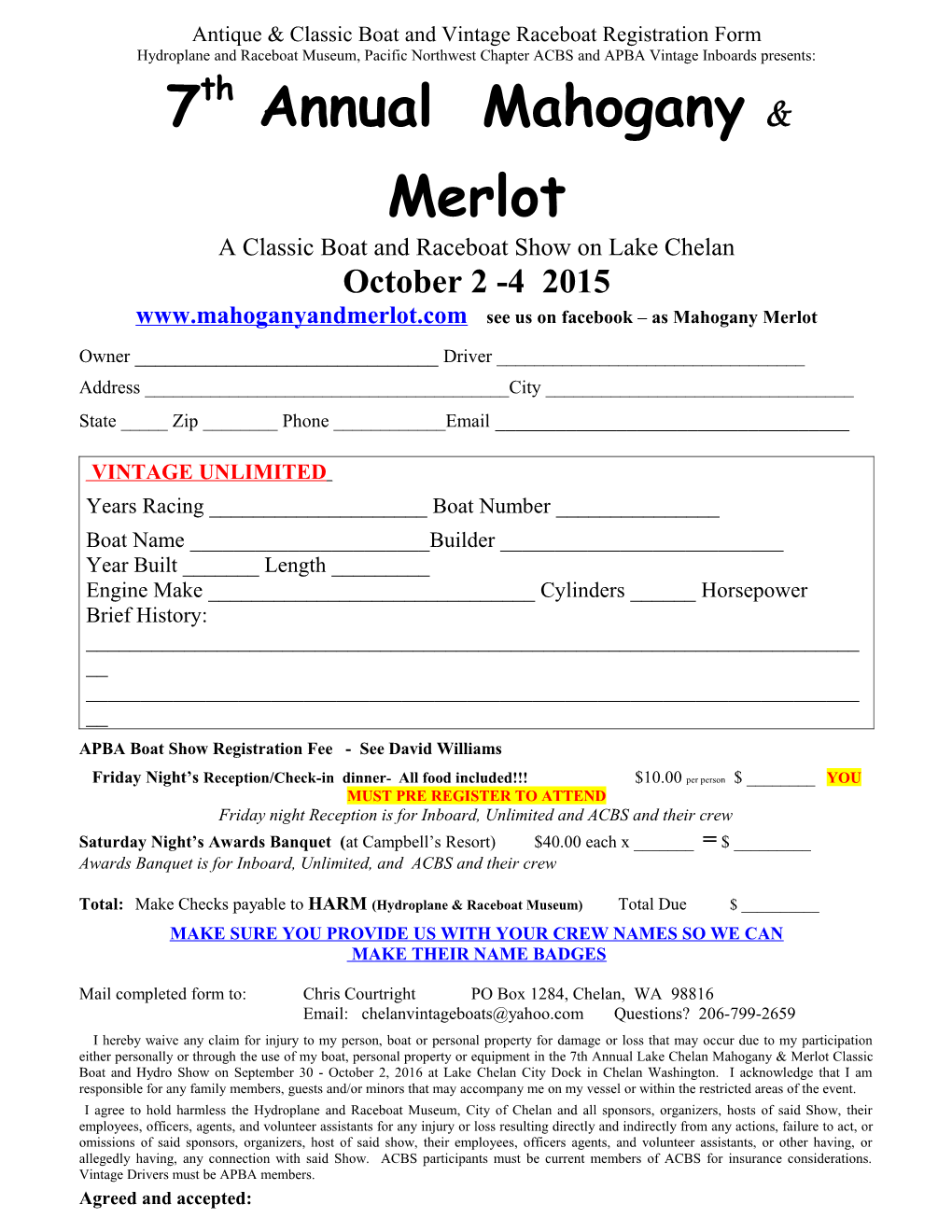 Antique & Classic Boat and Vintage Raceboat Registration Form