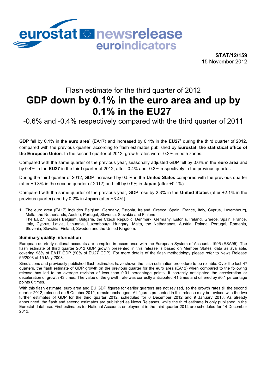 Flash Estimate for the Third Quarter of 2012 GDP Down by 0.1%In the Euro Area and up By