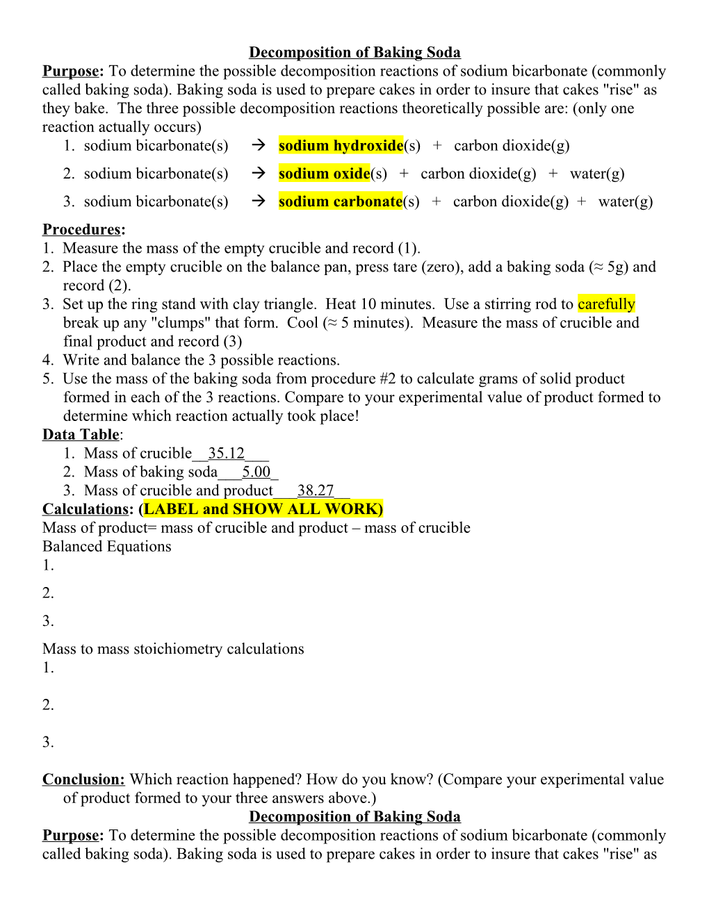 Decomposition of Baking Soda