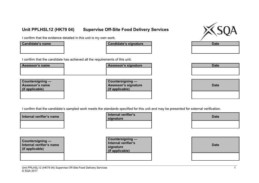 Unit PPLHSL12 (HK79 04)Supervise Off-Site Food Delivery Services