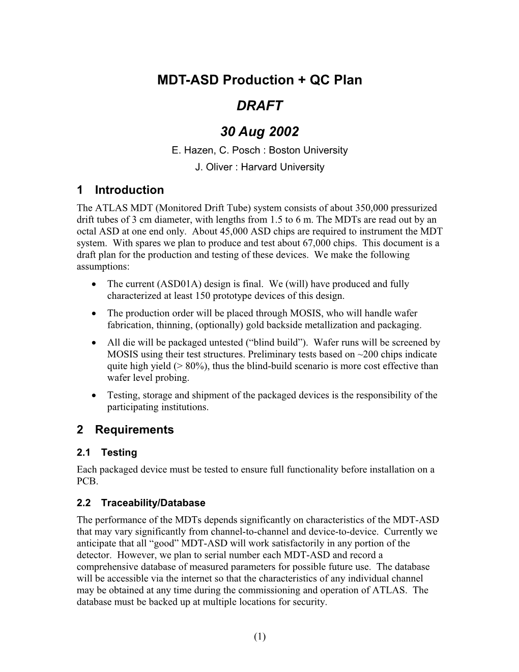 MDT-ASD Production Plan DRAFT