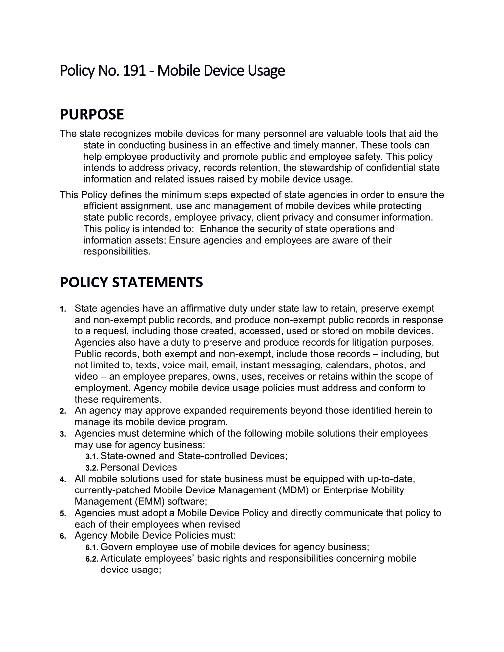 Policy No. 191 - Mobile Device Usage