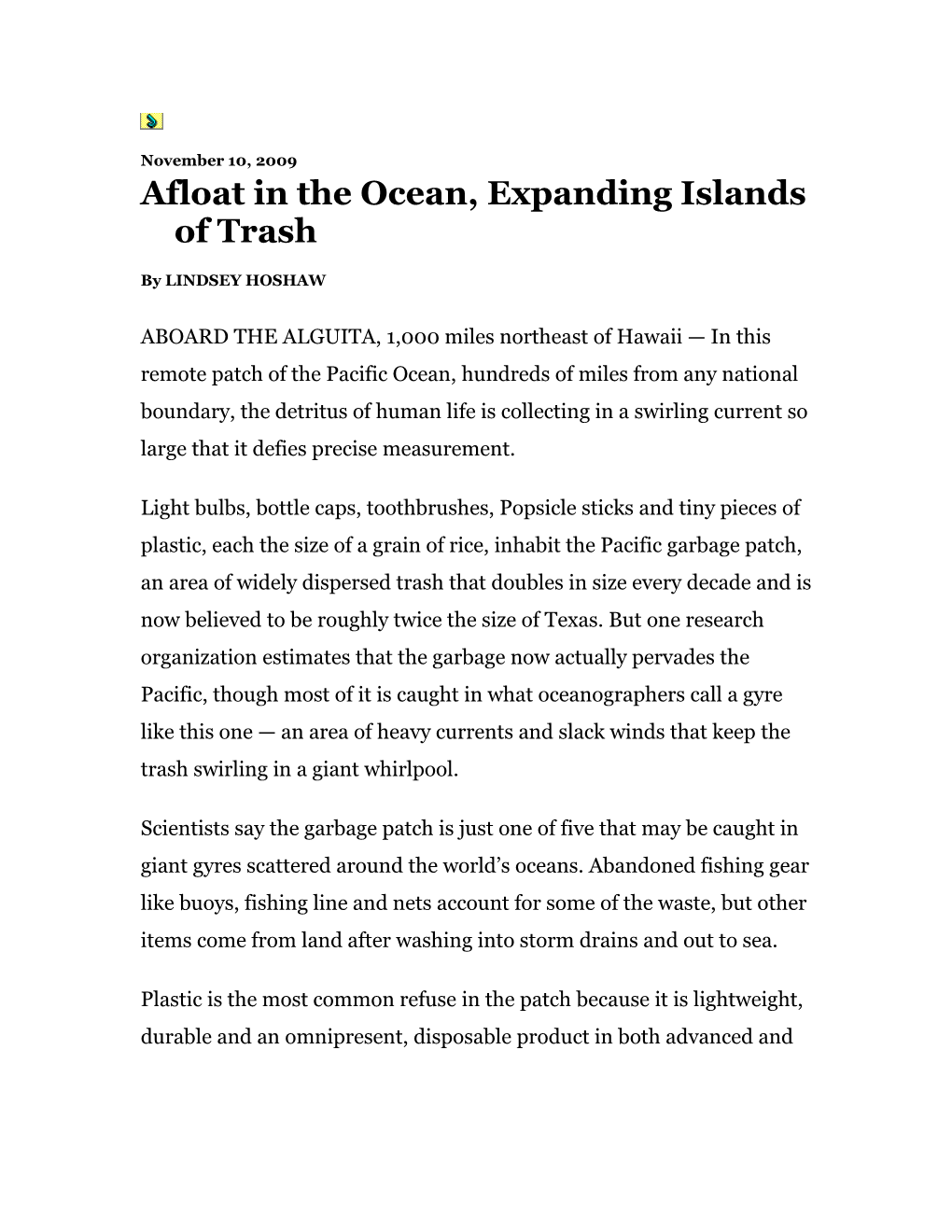 Afloat in the Ocean, Expanding Islands of Trash