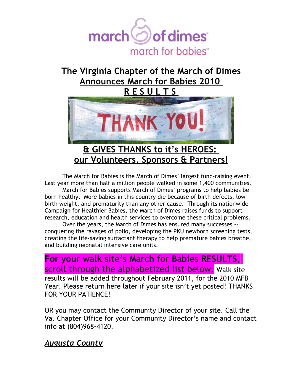 The Virginia Chapter of the March of Dimes Announces March for Babies 2010