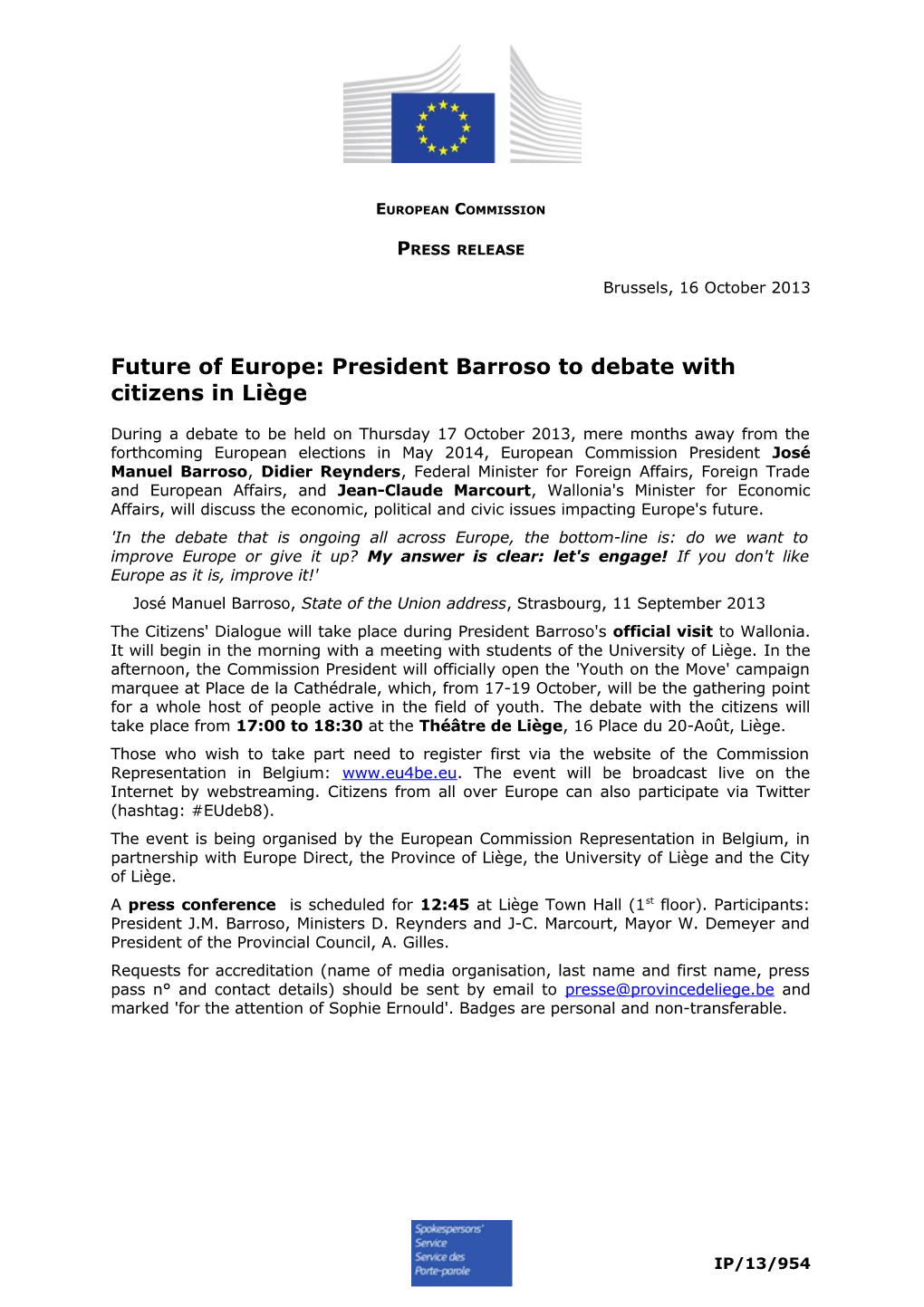 Future of Europe: President Barroso to Debate with Citizens in Liège