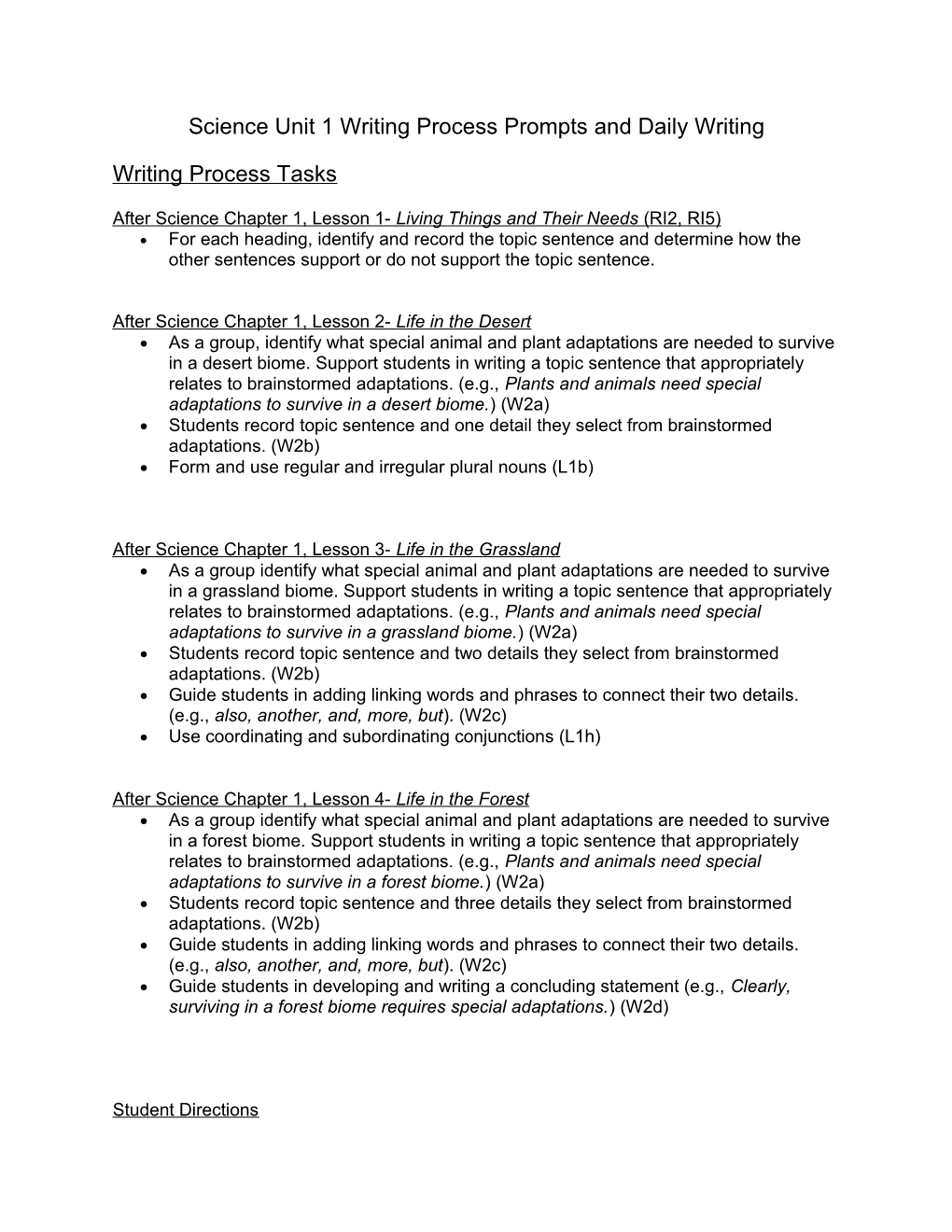 Science Unit 1 Writing Process Prompts and Daily Writing