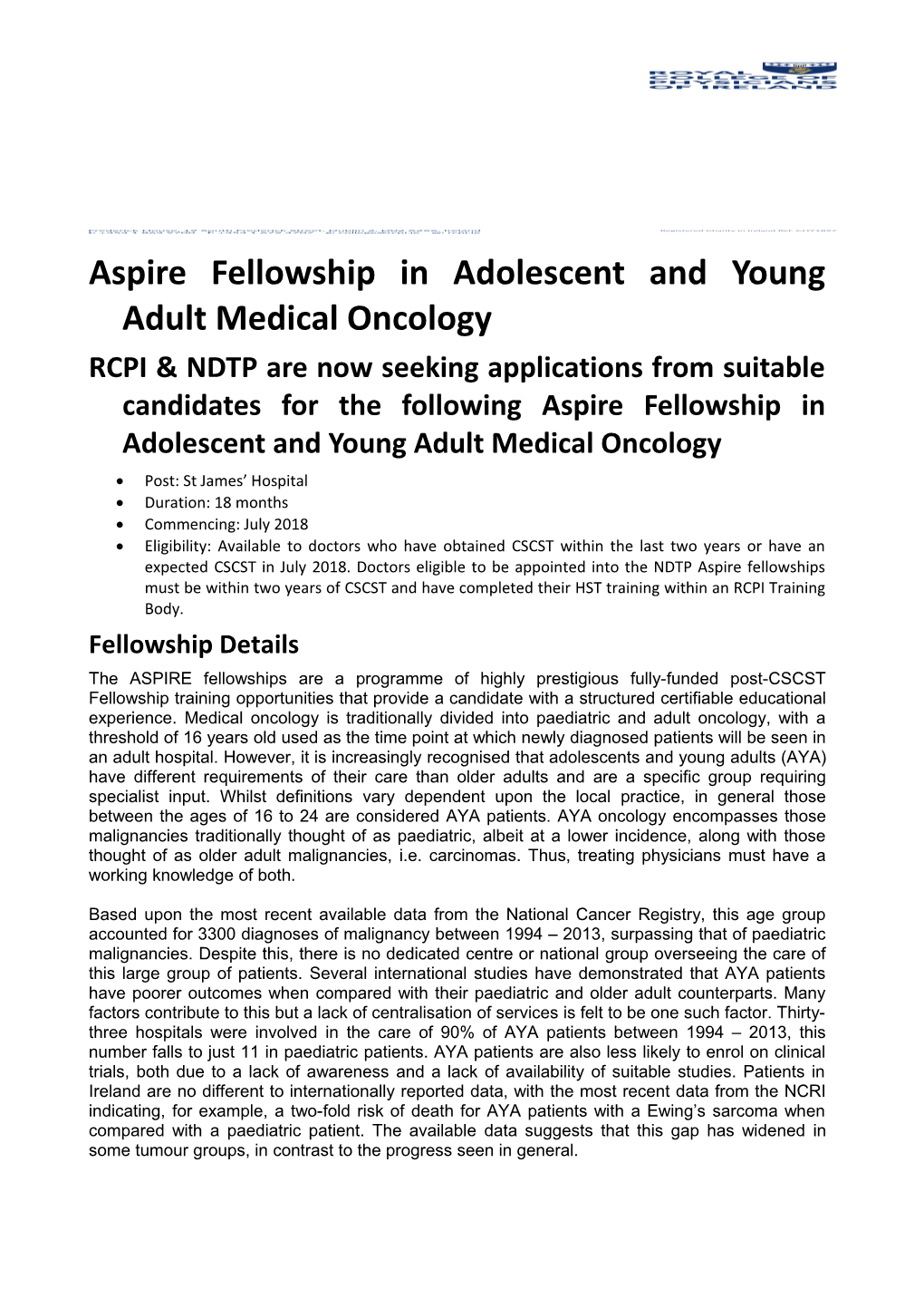 Aspire Fellowship in Adolescent and Young Adult Medical Oncology
