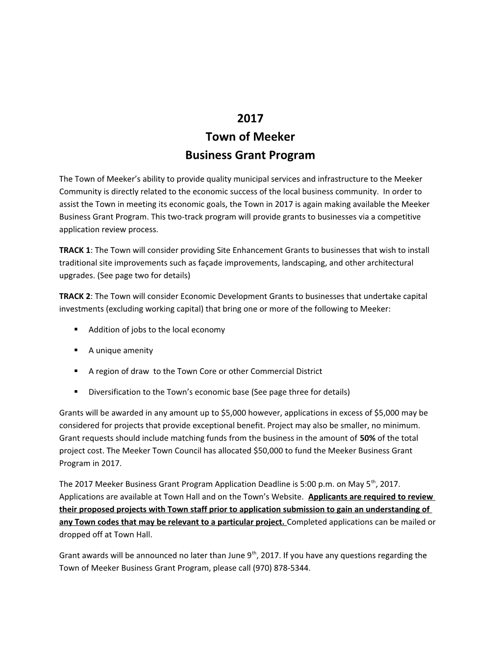 2017 Town of Meeker Business Grant Program