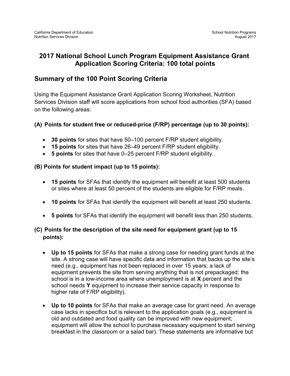 RFA: 2017 Equipment Grant Criteria (CA Dept of Education)