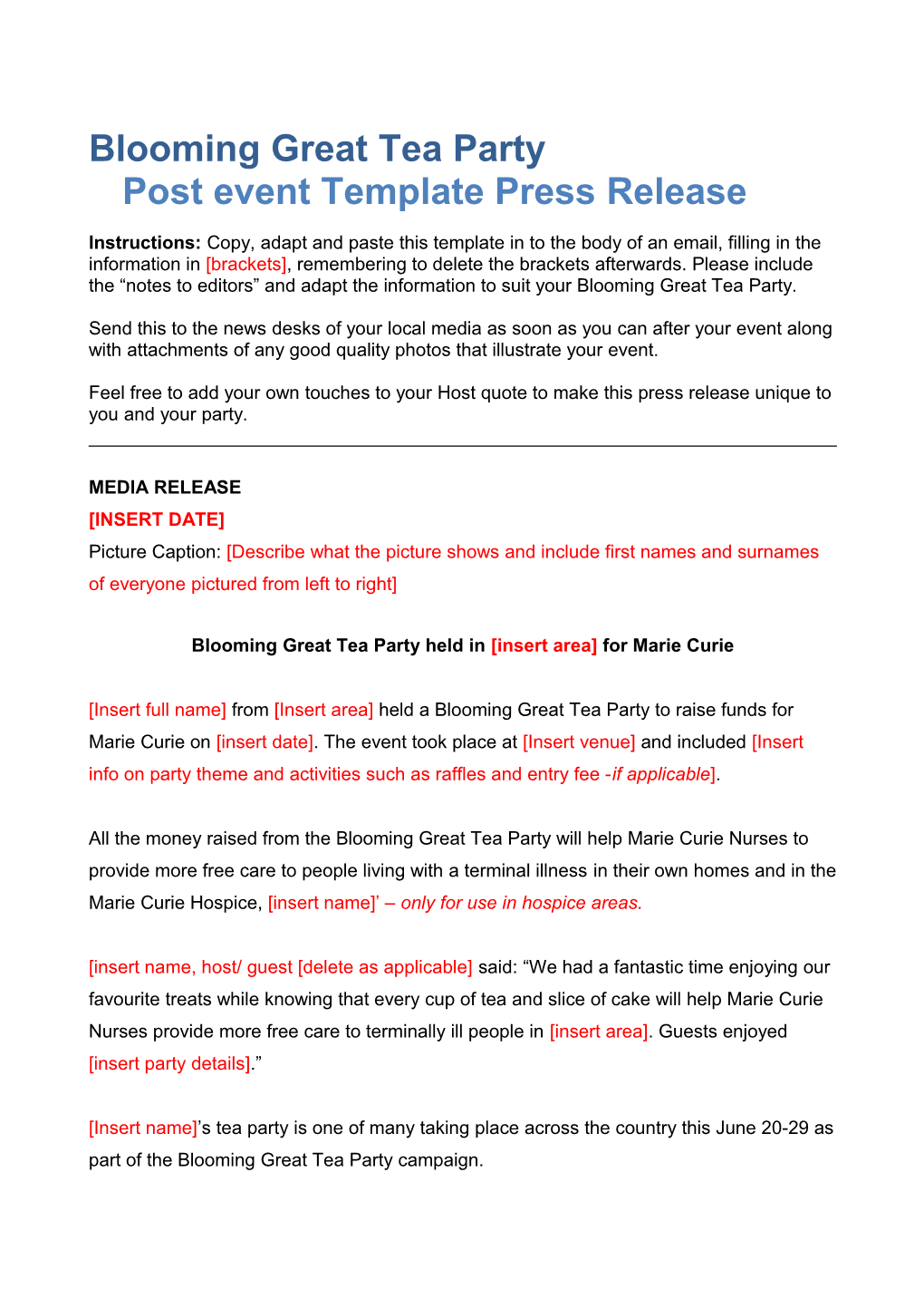 Blooming Great Tea Partypost Event Template Press Release