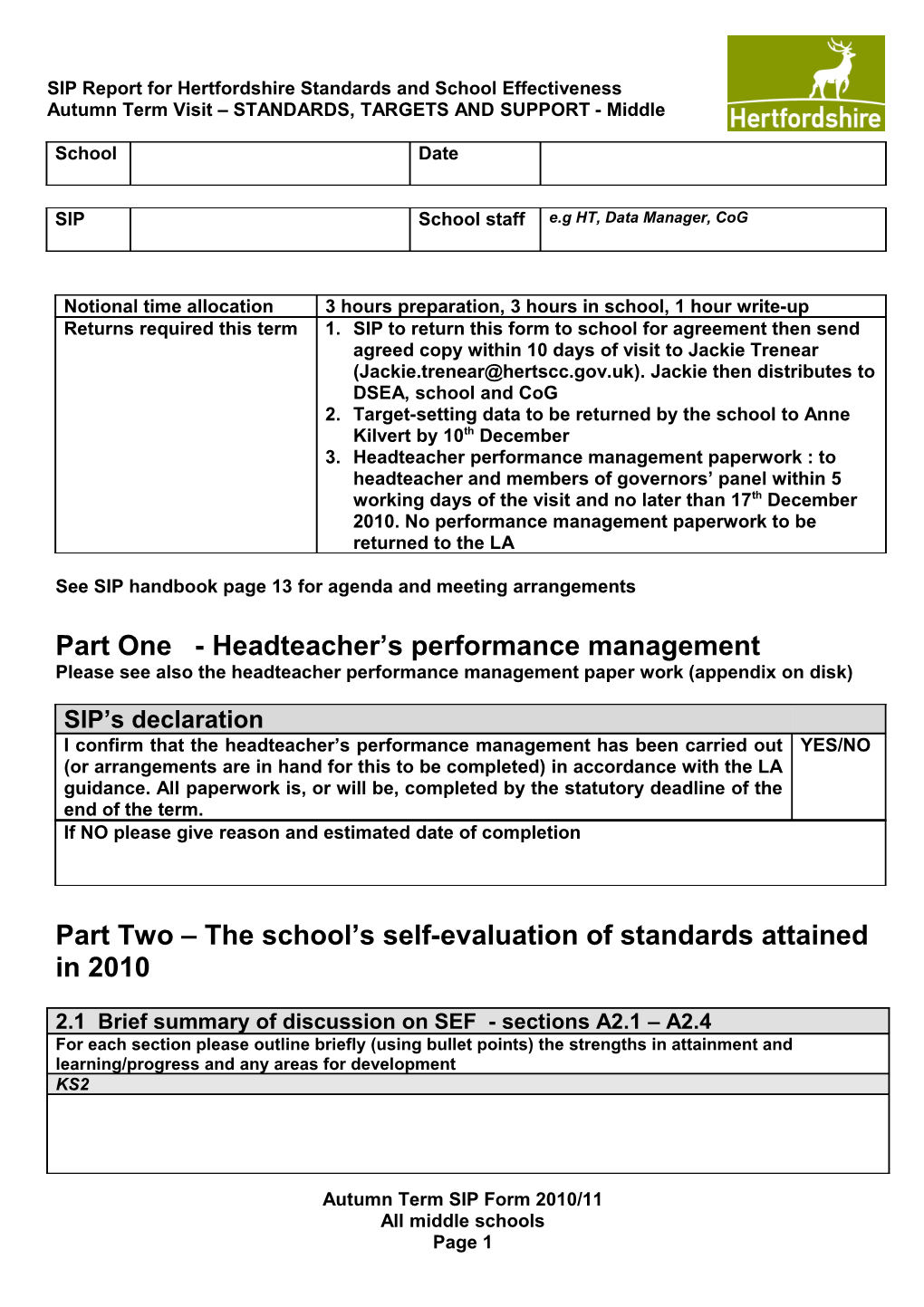 SIP Report for Hertfordshire County Council - Autumn 2010 Middle Schools