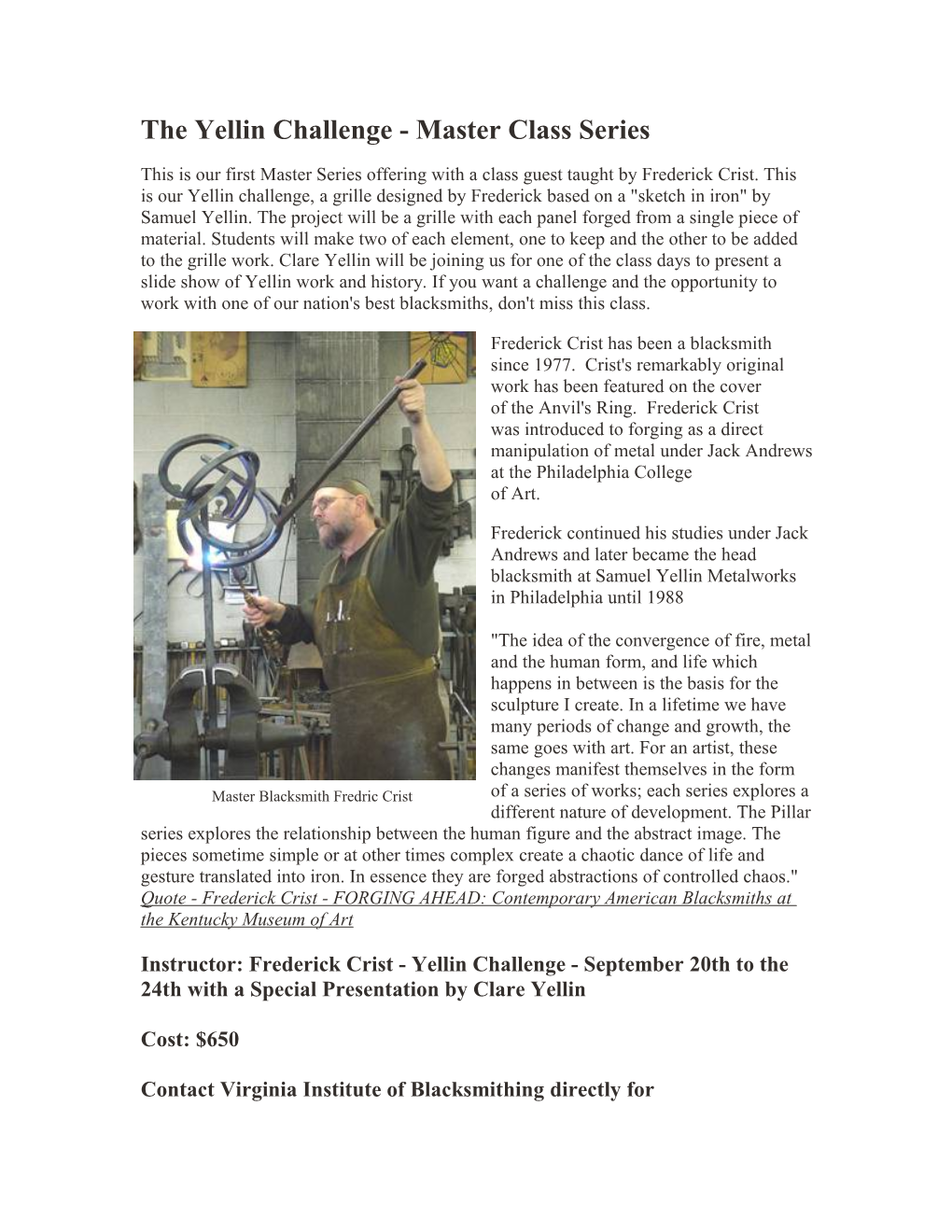 Virginia Institute of Blacksmithing Master Class