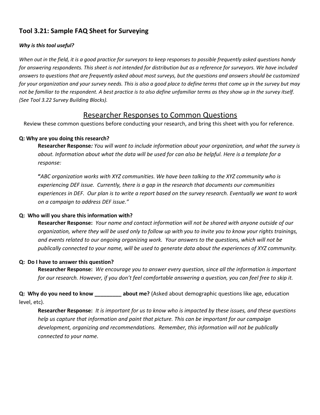 Tool 3.21: Sample FAQ Sheet for Surveying