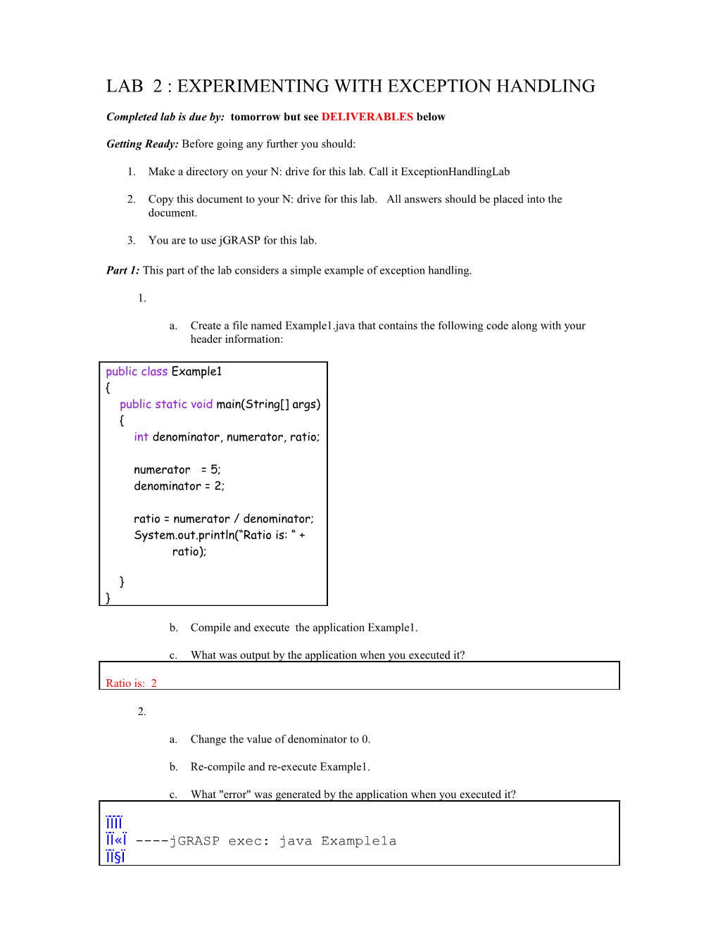 Lab 2: Experimenting with Exception Handling