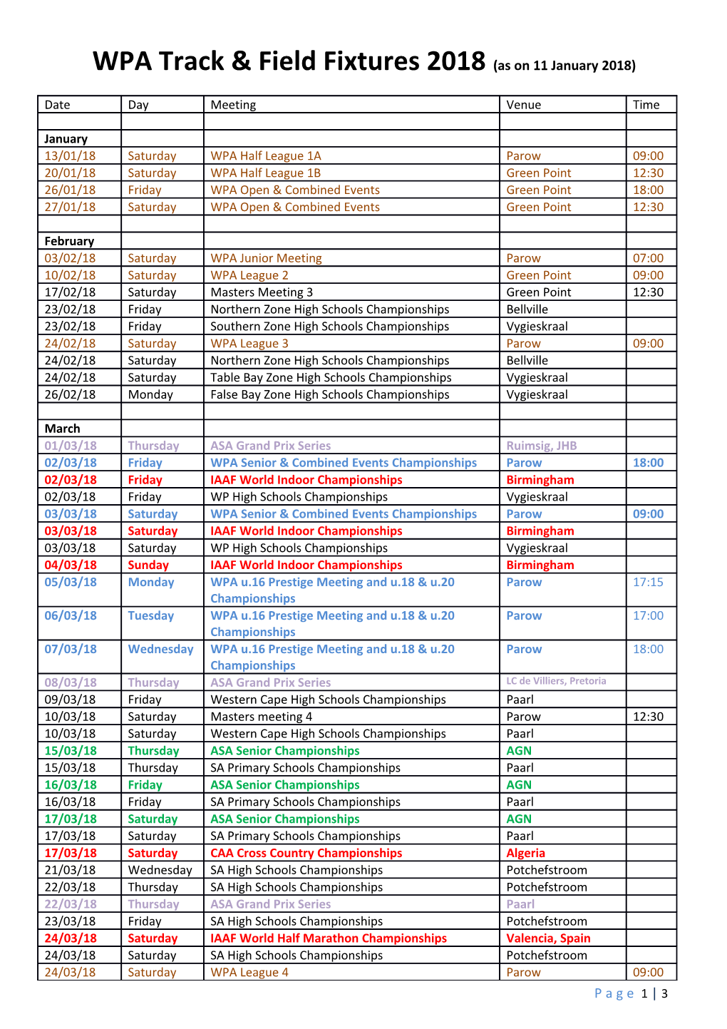 WPA Track & Field Fixtures 2018(As on 11 January 2018)