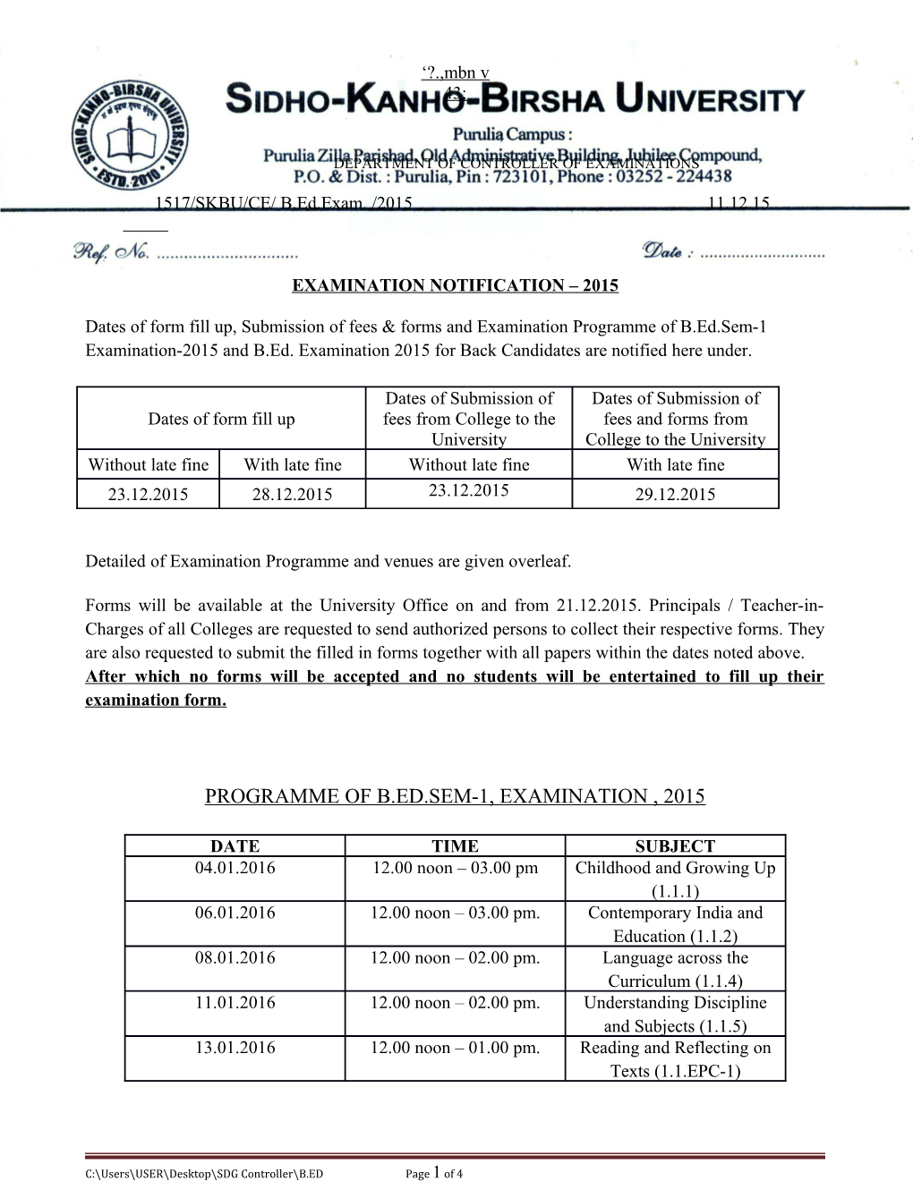 Department of Controller of Examinations