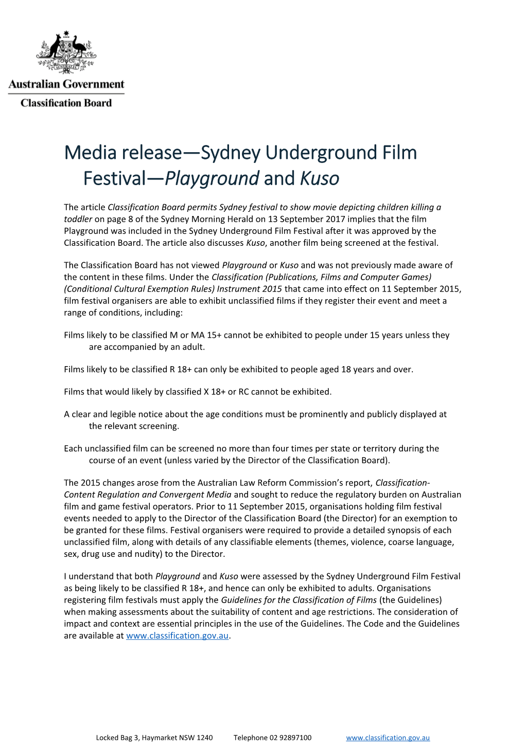 Media Release Sydney Underground Film Festival Playground and Kuso