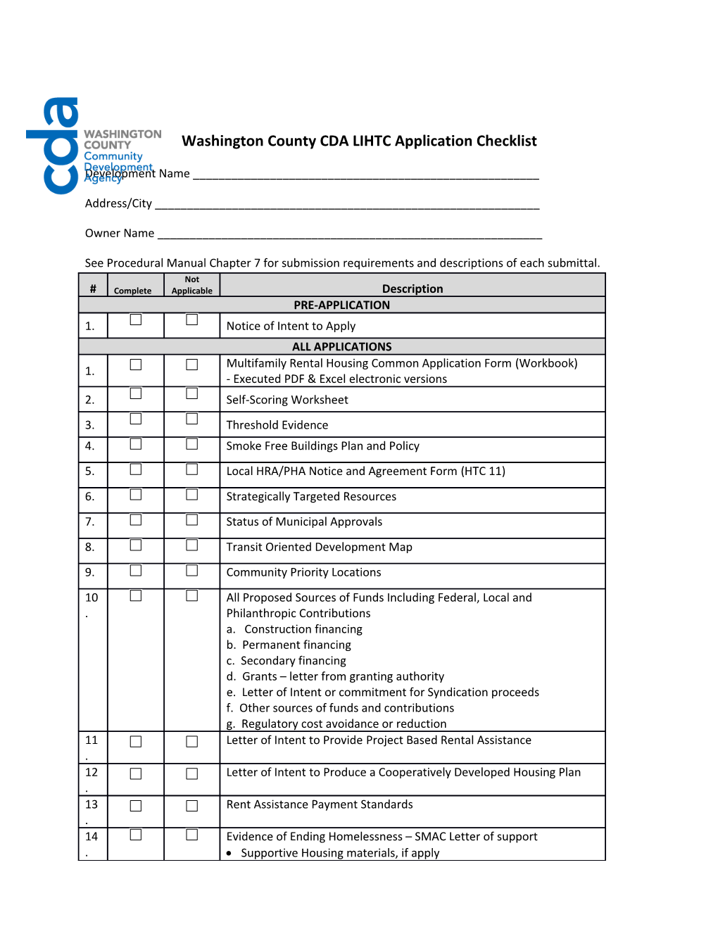 Washington County CDALIHTC Application Checklist