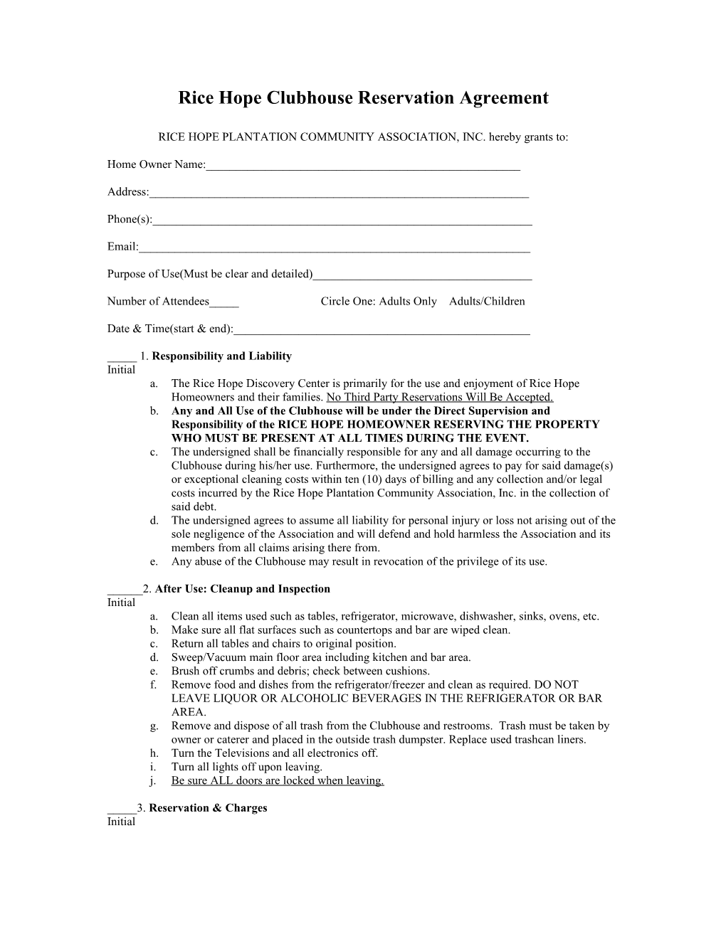 Rice Hope Clubhouse Reservation Agreement