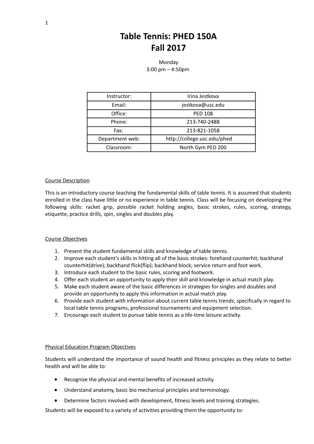 Table Tennis: PHED 150A Fall2017