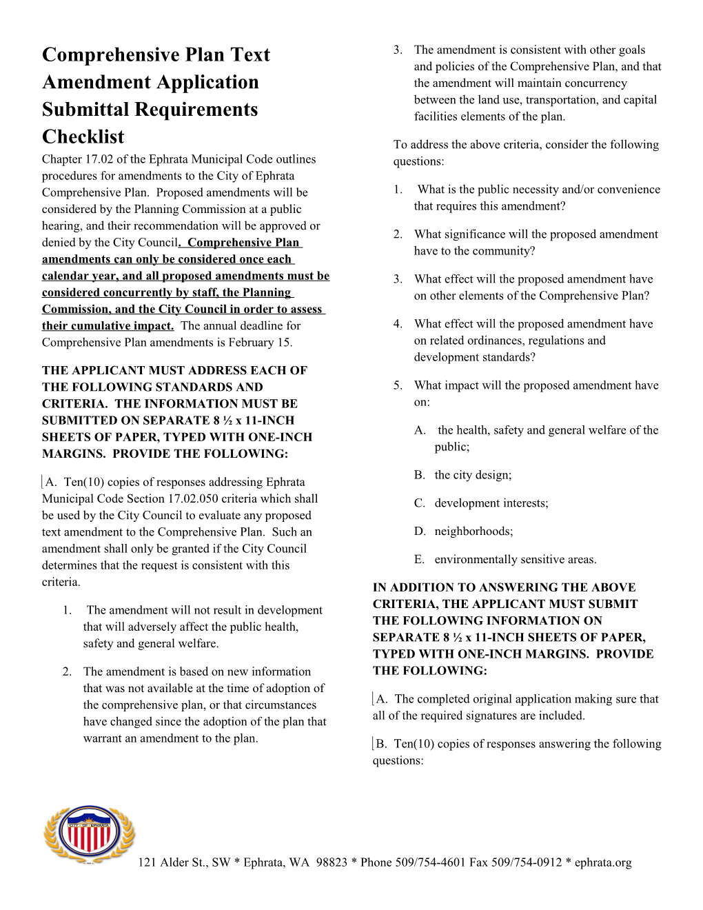 Amendment Application Submittal Requirements Checklist