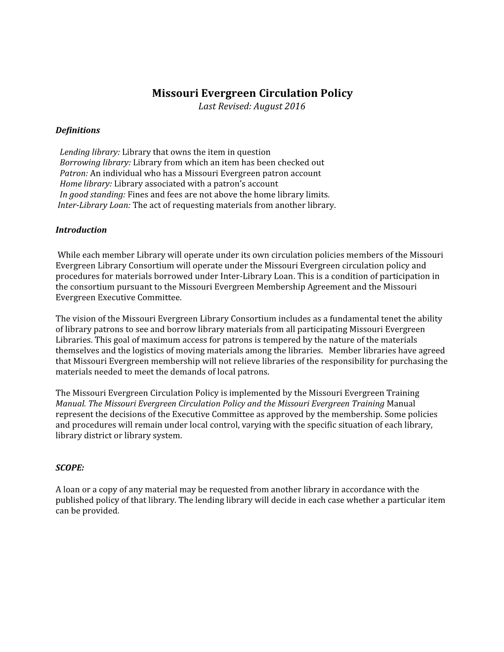 Missouri Evergreencirculation Policy