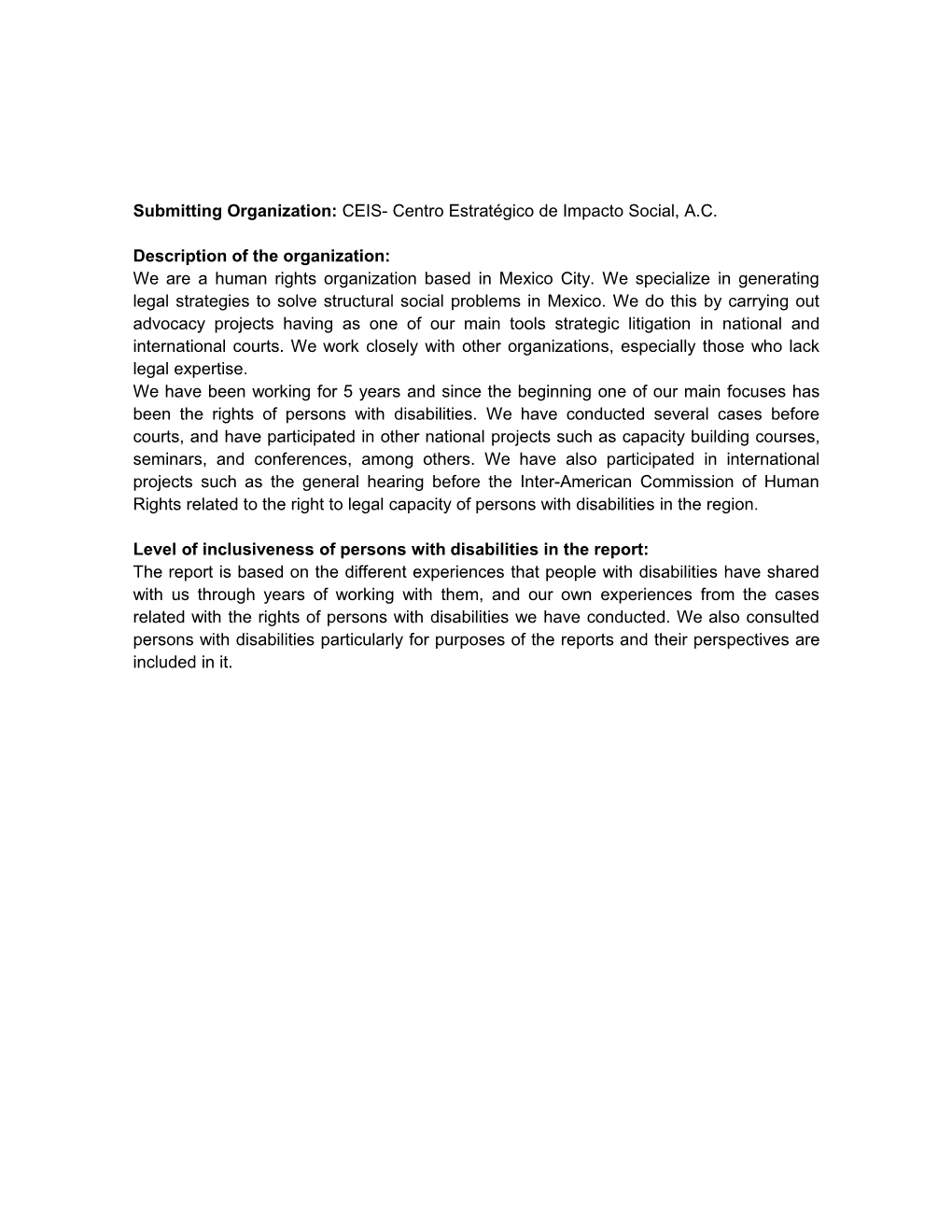 Submitting Organization: CEIS- Centro Estratégico De Impacto Social, A.C