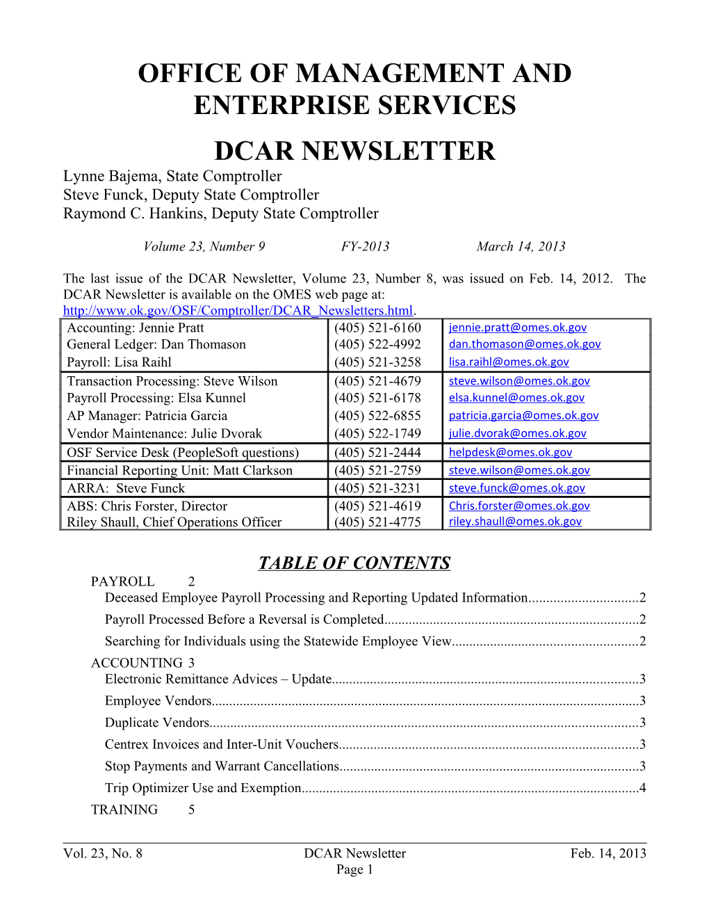 Office of Management and Enterprise Services (OMES) DCAR Newsletter, Jan. 11, 2013