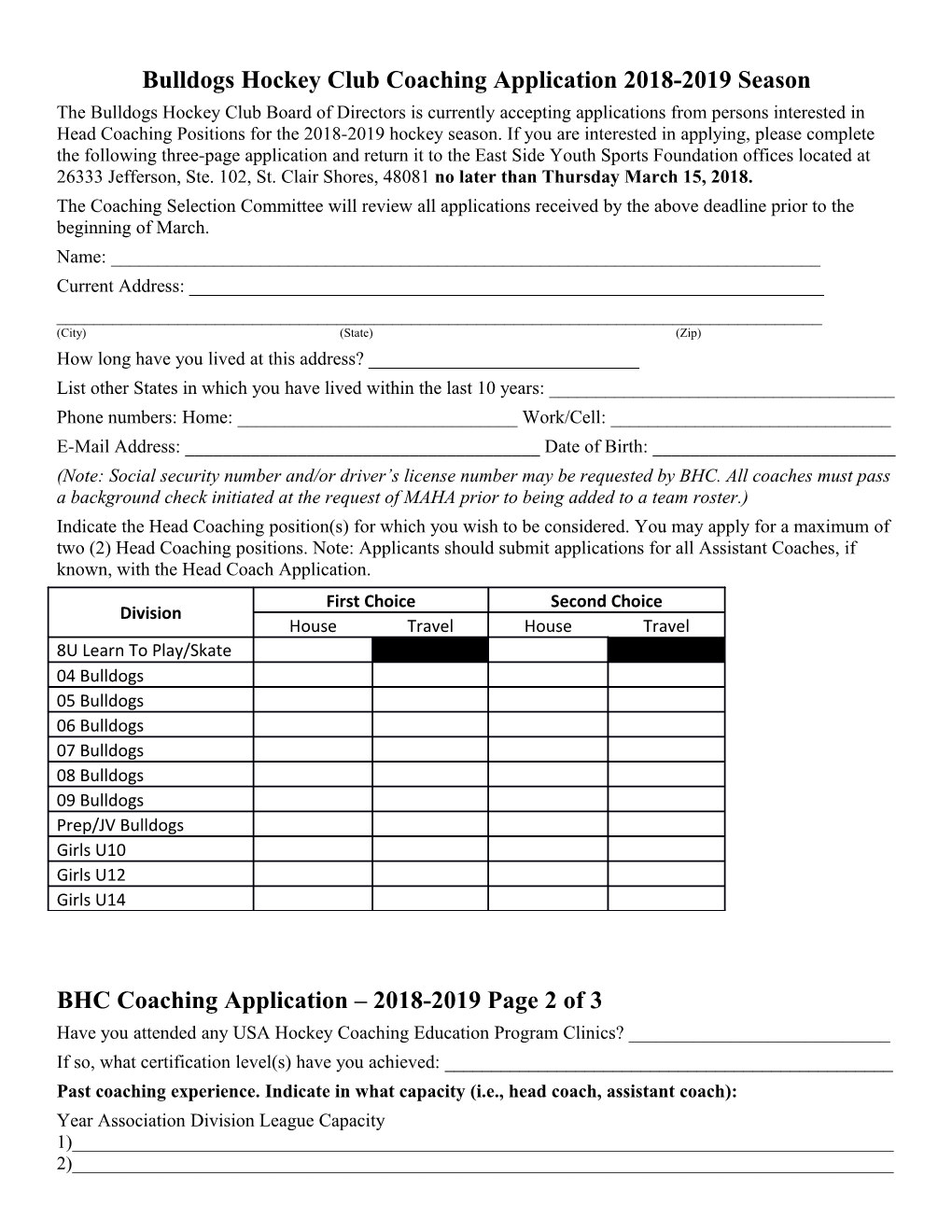 Bulldogs Hockey Club Coaching Application 2018-2019 Season