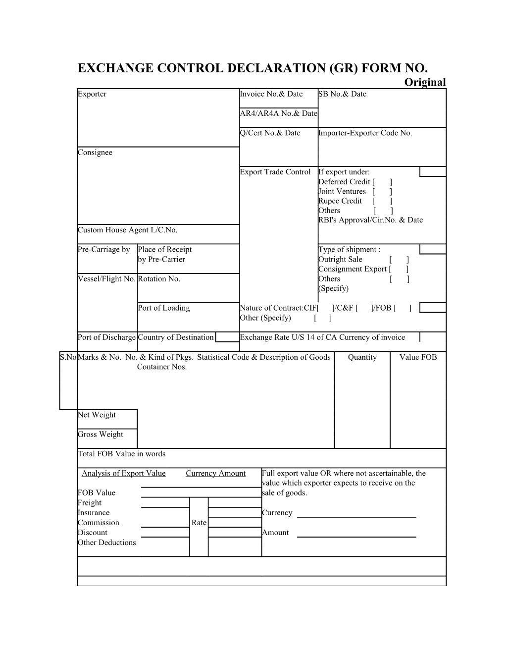 Exchange Control Declaration (Gr) Form No