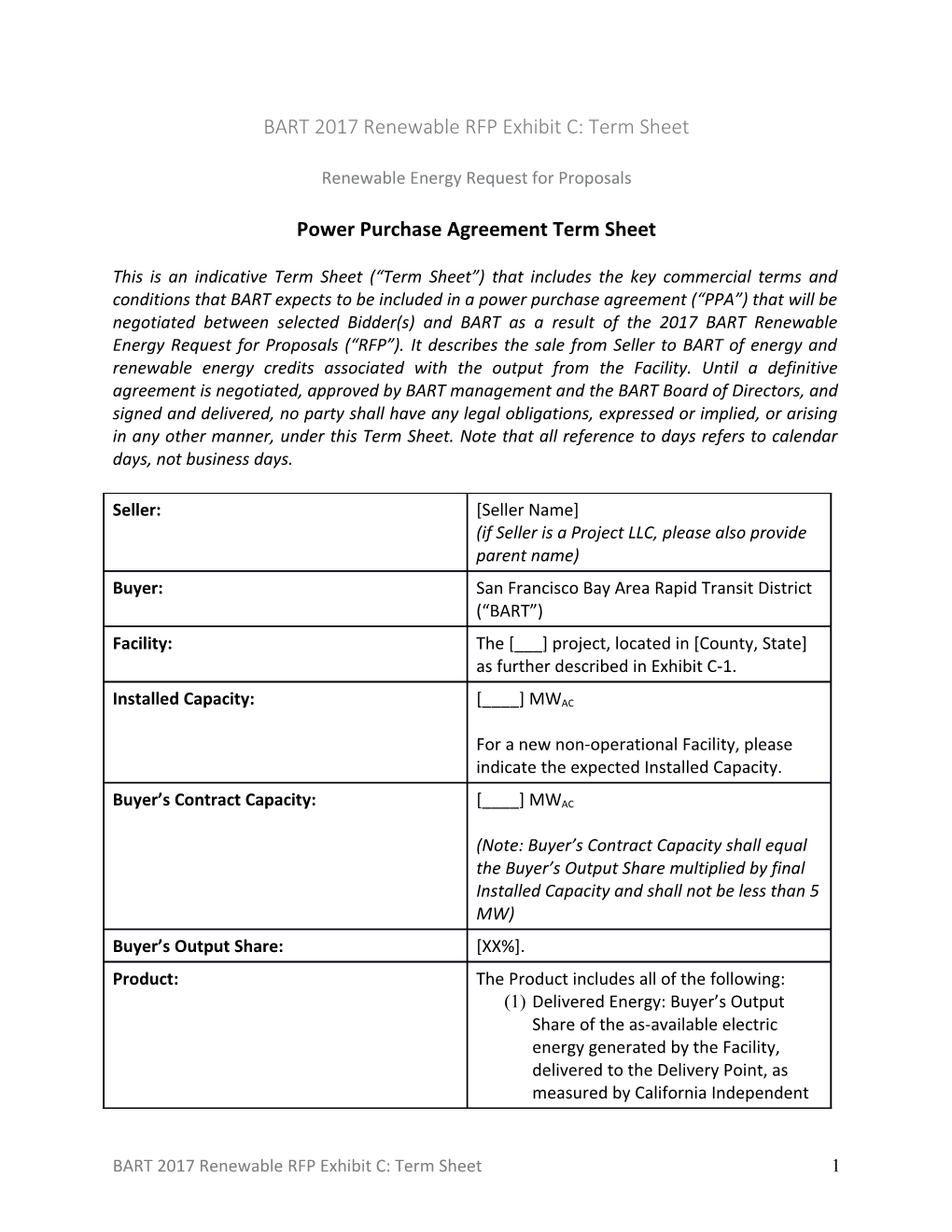 BART 2017 Renewable RFP Exhibit C: Term Sheet