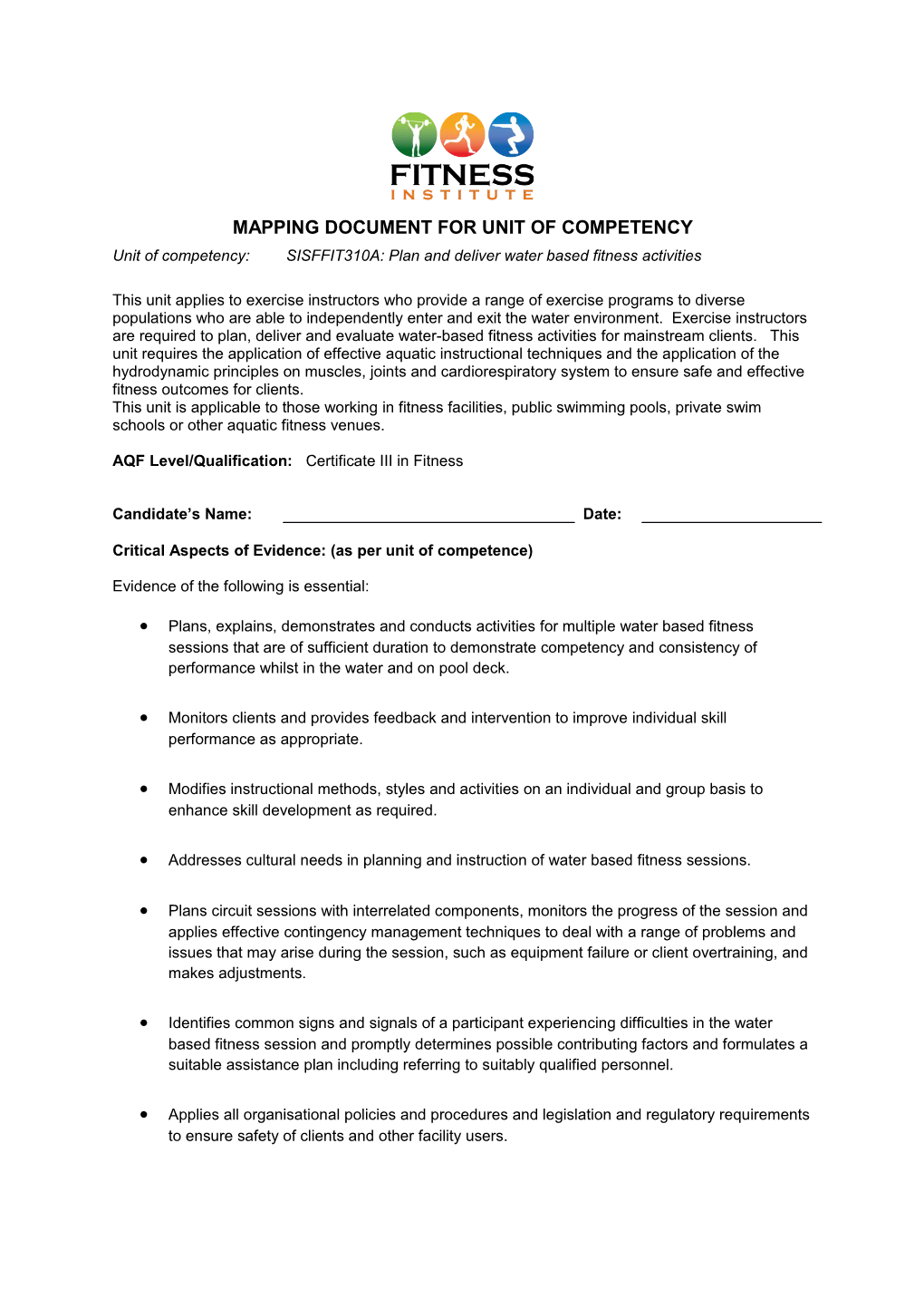 Mapping Document for Unit of Competency