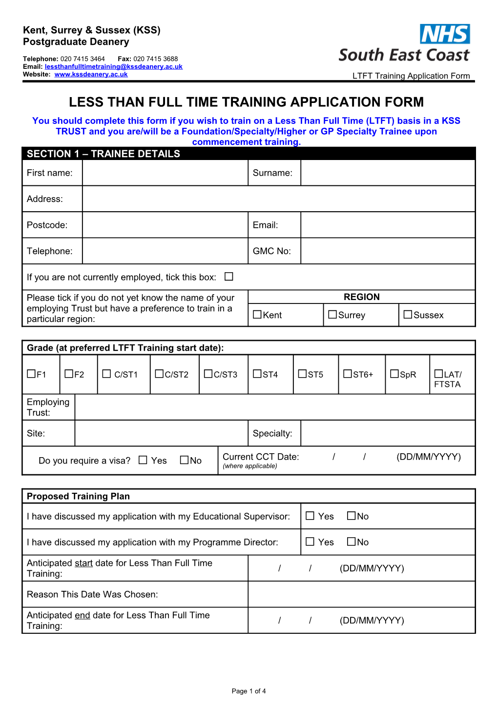 LESS THAN FULL TIME TRAINING APPLICATION FORM (Foundation)