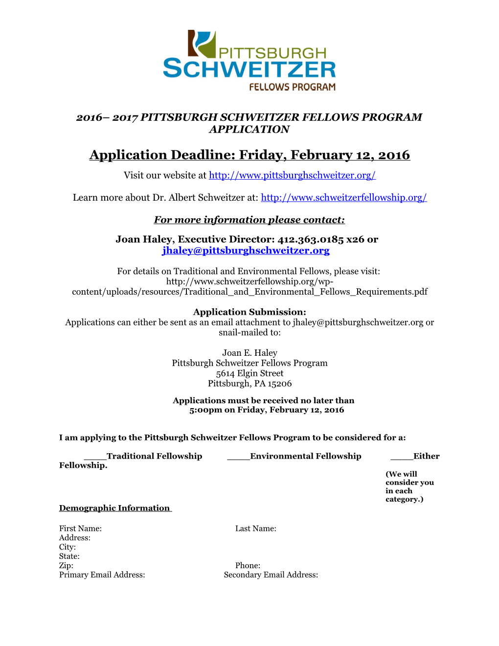 2016 2017 Pittsburgh Schweitzer Fellows Program Application