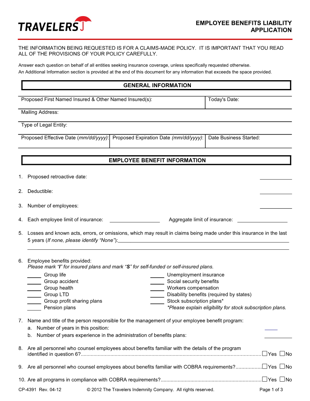 Employee Benefits Liability Application