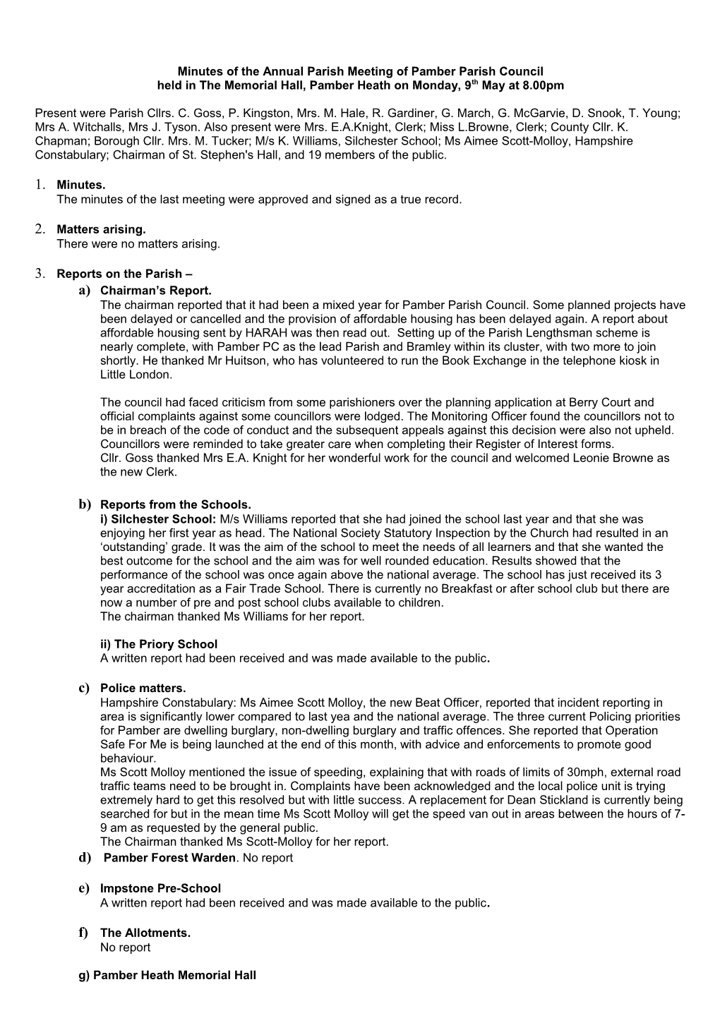 Minutes of the Annual Parish Meeting of Pamber Parish Council