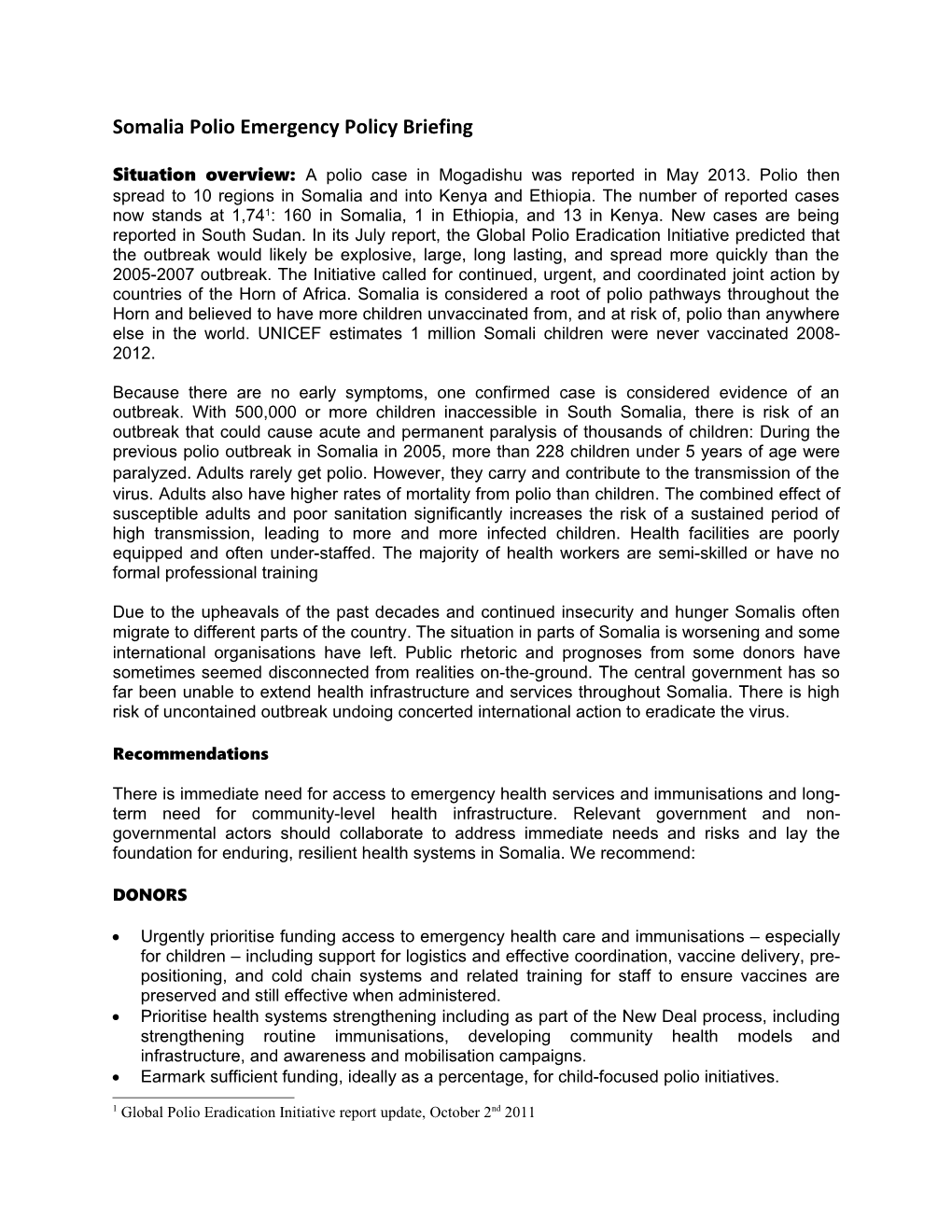 Somalia Polio Emergency Policy Briefing