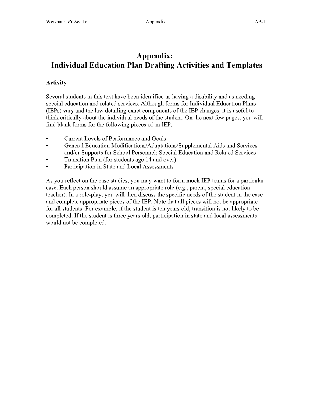 Appendix B Optional Activity Referral for Special Education And/Or Individual Education Plan