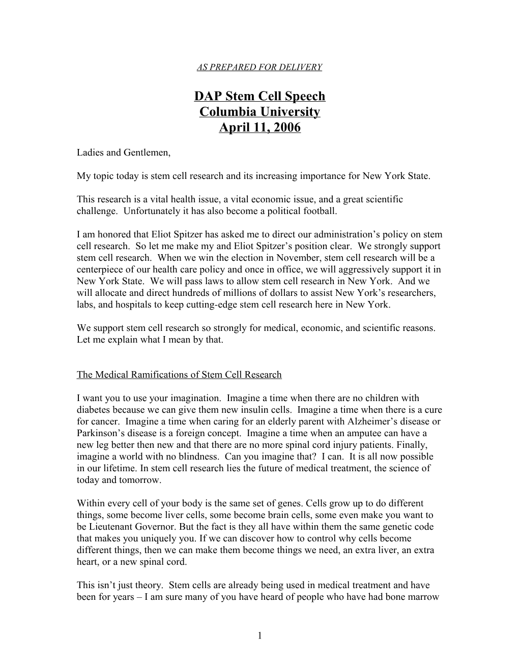 Draft DAP Stem Cell Speech