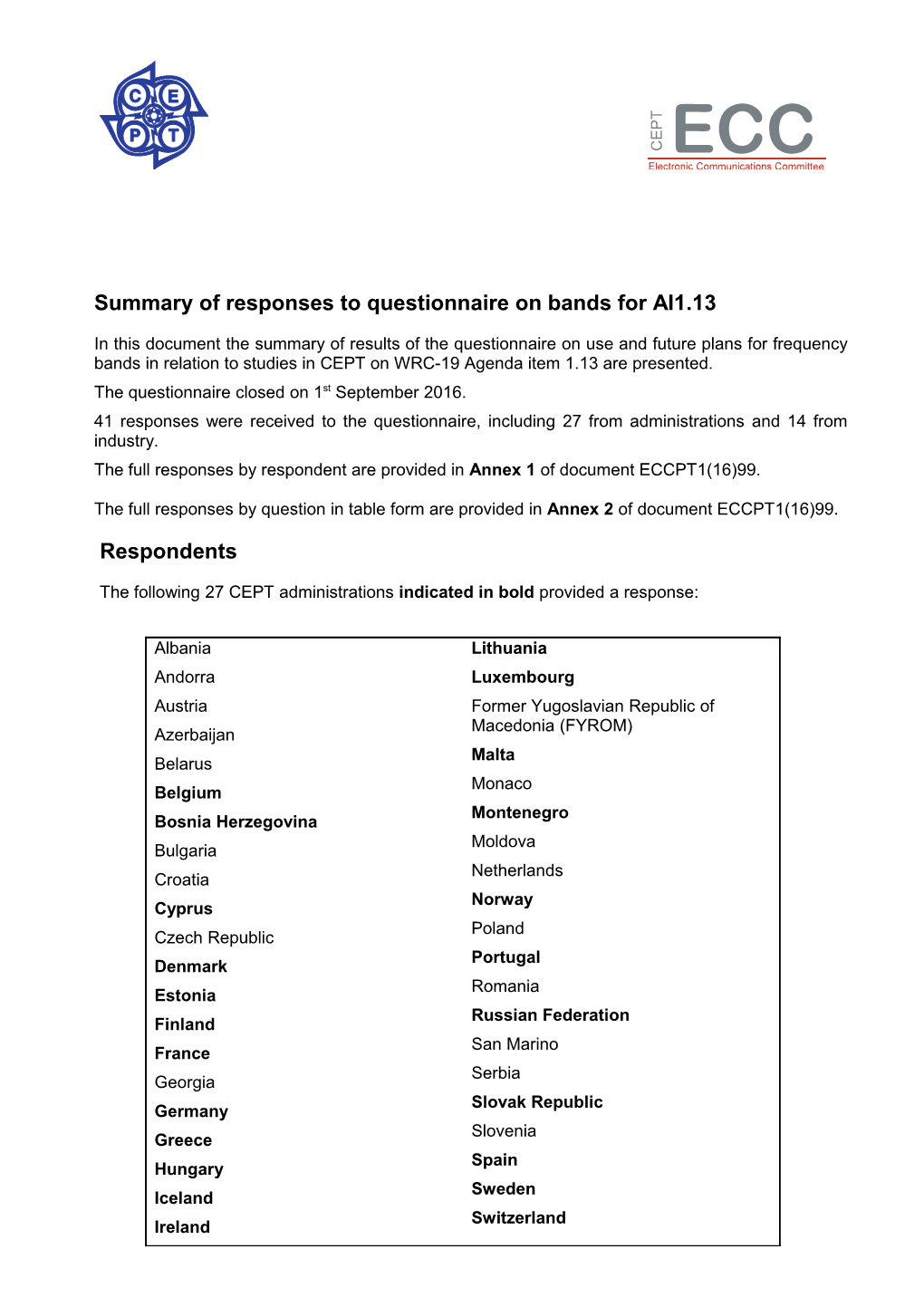 Summary of Responses to Questionnaire on Bands for AI1.13