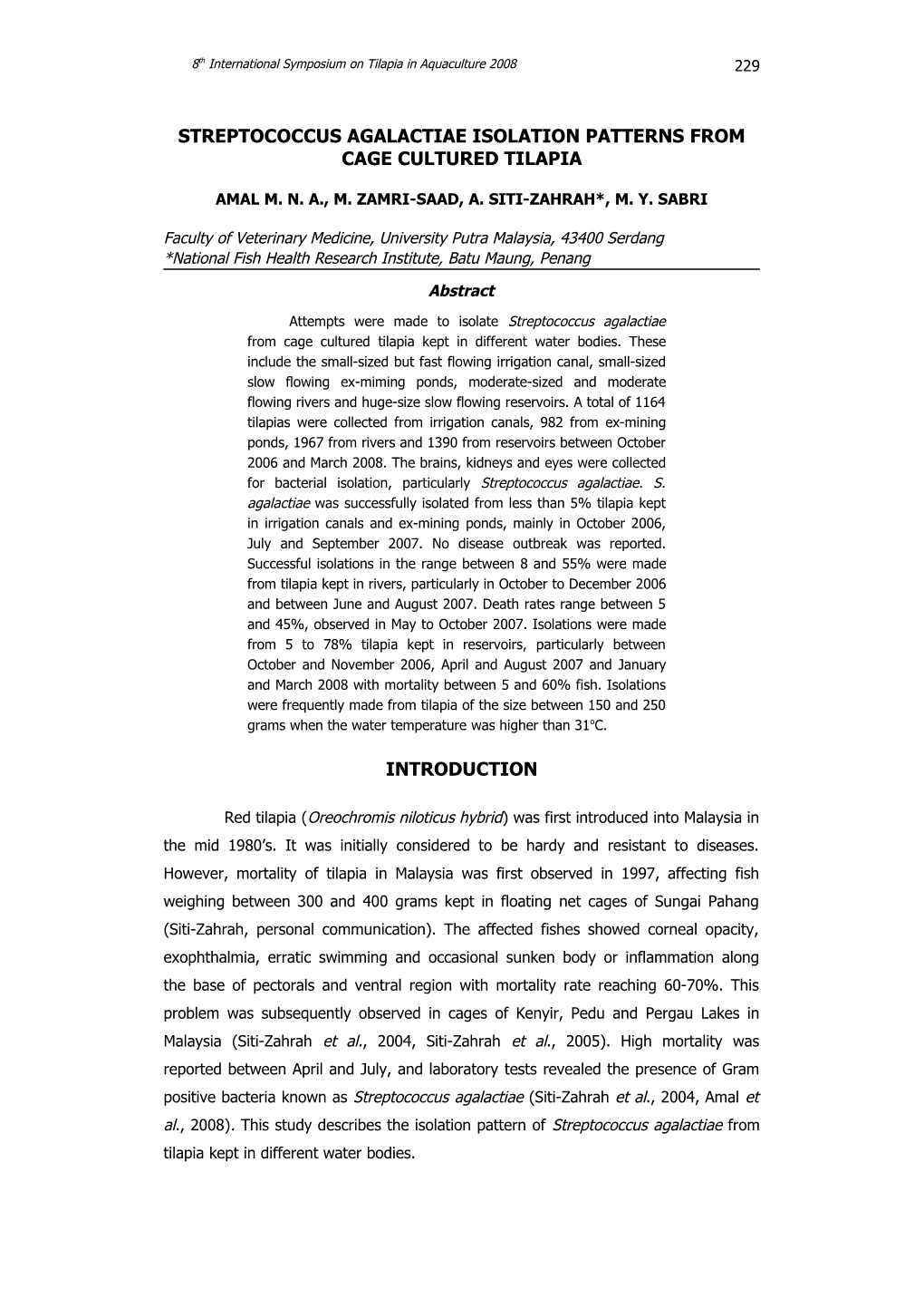 Streptococcus Agalactiae Isolation Patterns from Cage Cultured Tilapia