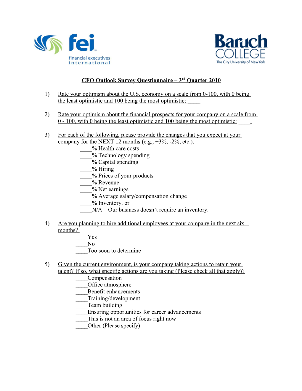 CFO Outlook Survey Questionnaire 3Rd Quarter 2010