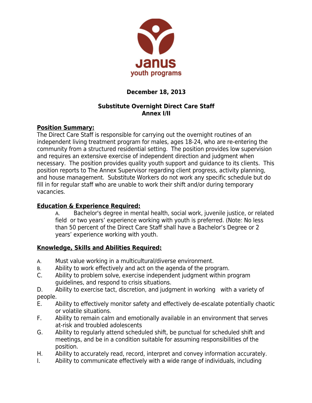 Substitute Overnight Direct Care Staff