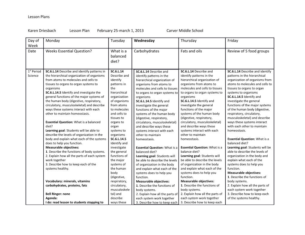 Karen Driesbachlesson Plan February 25-March 1, 2013Carver Middle School