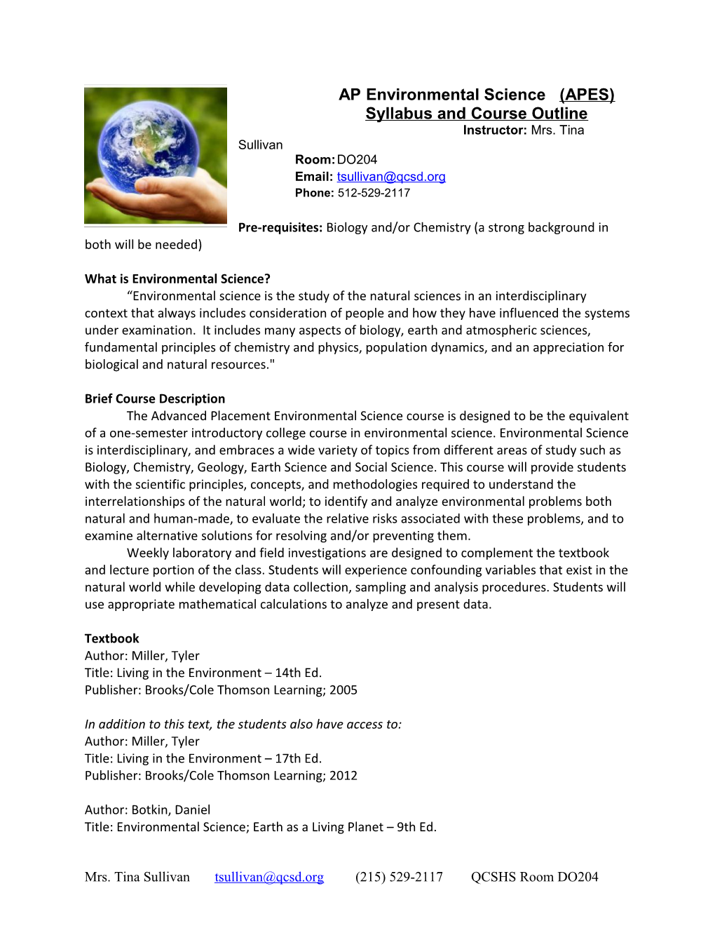 AP Environmental Science (APES) Course Syllabus 2015-2016