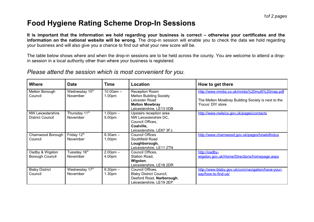 Food Hygiene Rating Scheme Drop-In Sessions