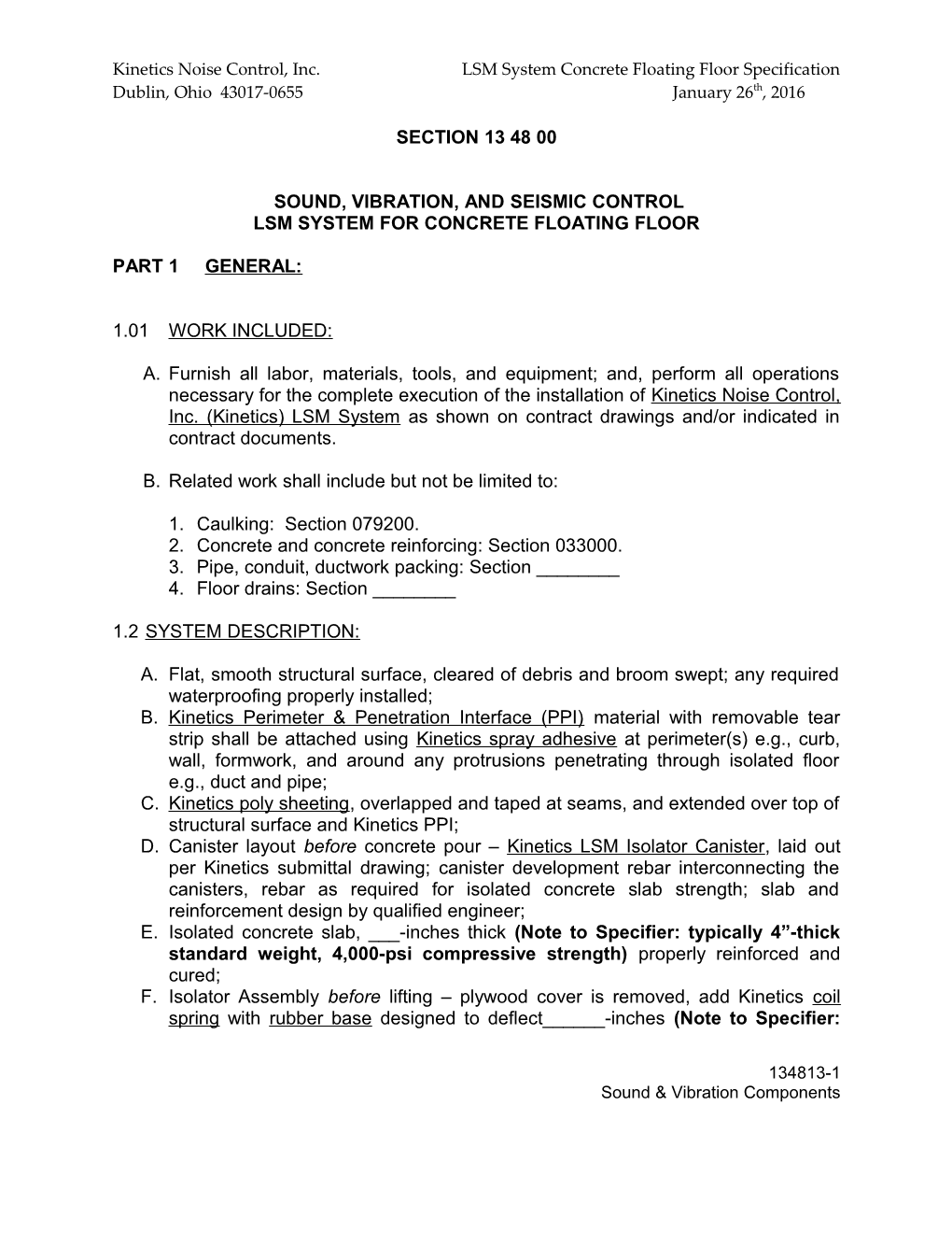 Kinetics Noise Control, Inc. LSM System Concrete Floating Floor Specification