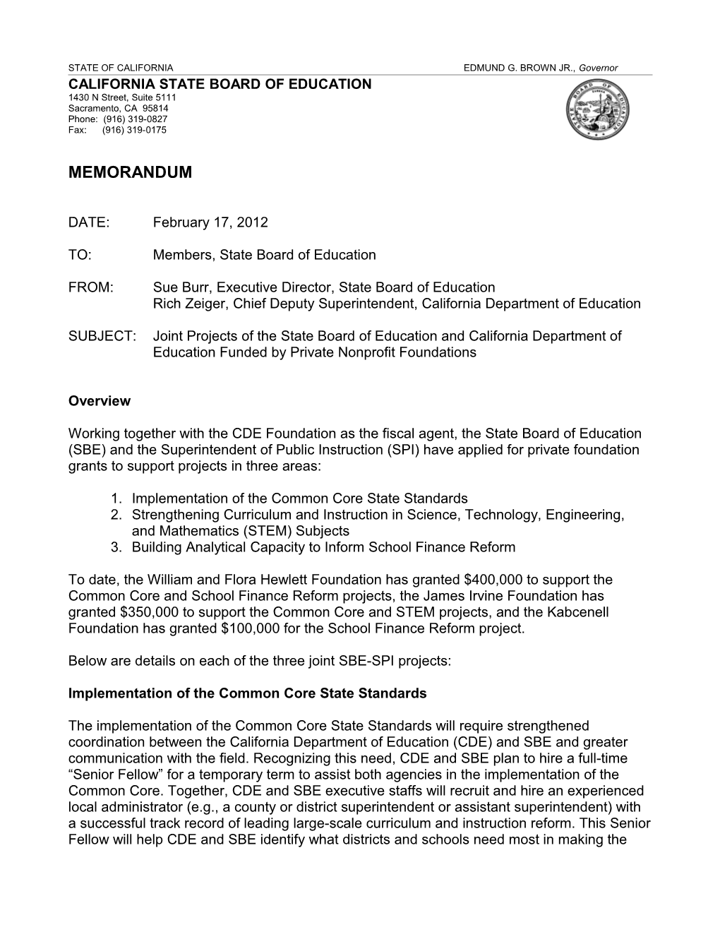 February 2012 Memorandum SBE Item 1 - Information Memorandum (CA State Board of Education)