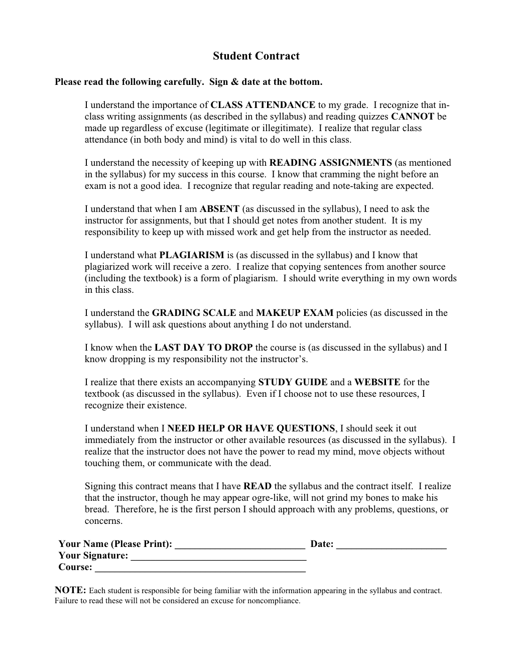 Student Contract (Fall 2004)